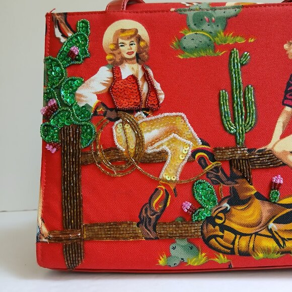 Retro 50's Red Rockabilly Pin Up Cowgirls with Beads & Sequins Shoulder Bag - Picture 3 of 13